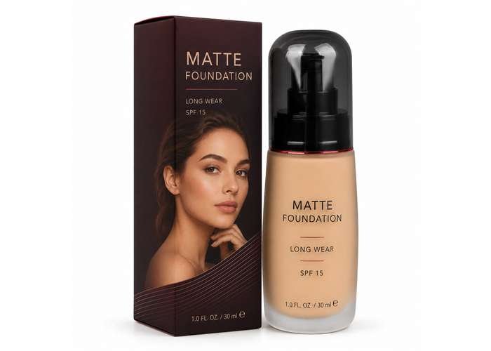 Matte foundation with long-wear packaging and pump bottle.