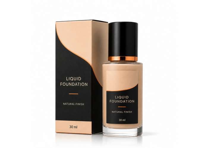 Elegant liquid foundation with natural finish and premium packaging.