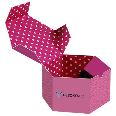 Pink hexagonal gift box featuring a polka dot interior pattern