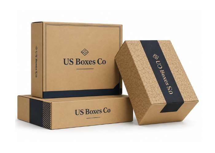 Custom amazon boxes with US Boxes Co branding on a white background.