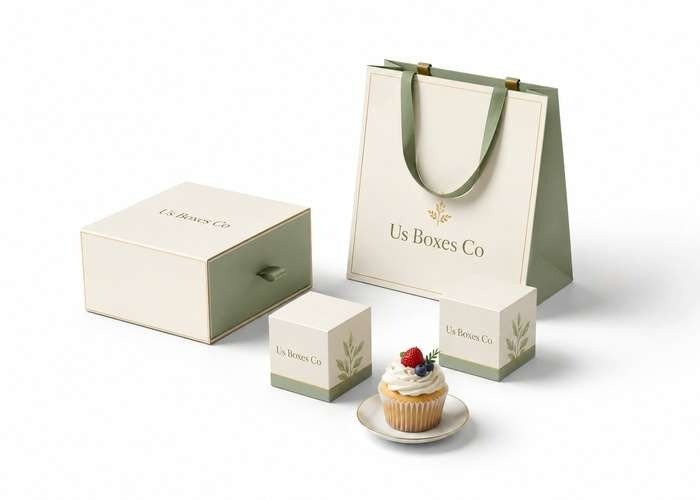 Cream and sage bakery packaging set with a cupcake.
