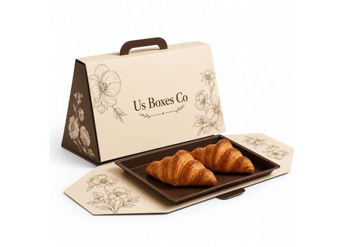 Cream and chocolate croissant box with two pastries.