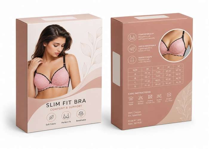 Front and back views of a pink bra packaging box.