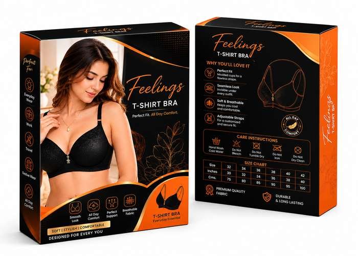 Front and back views of a black and orange bra packaging box.