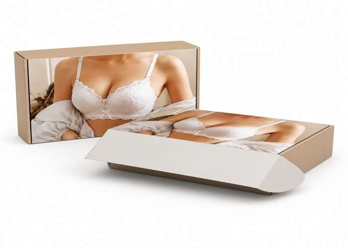 Open and closed beige bra packaging boxes.