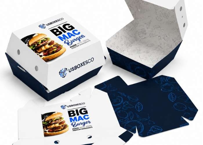 A burger in a takeout box next to a separate box featuring a logo design.