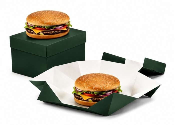 A freshly made hamburger resting on a paper box, highlighting its toppings and bun.