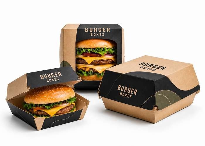 Three burger boxes displayed, each featuring a unique design and color scheme, showcasing diverse branding styles.