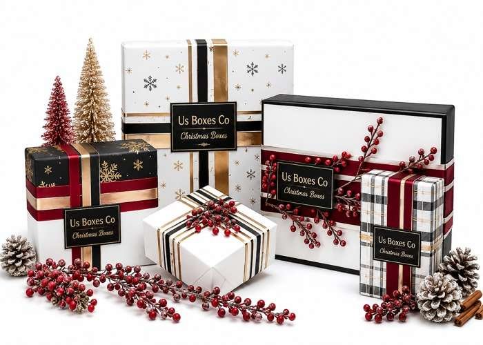 Assorted Christmas gift boxes in festive black, white, gold, and plaid designs with ribbon, berries, pinecones, and decorative trees.