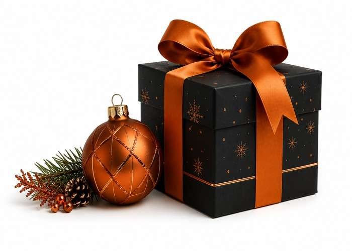 Black Christmas gift box with a copper satin ribbon, beside a matching copper ornament, pinecones, and evergreen sprigs.