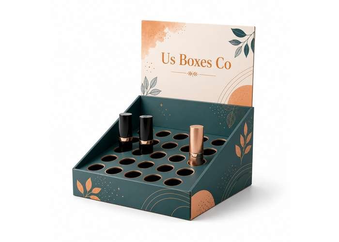 Elegant cosmetic display box with assorted makeup products.