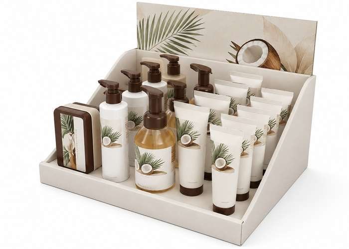Luxury coconut-themed skincare set with bottles and tubes in a display box.