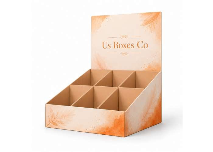Minimal cosmetic display box with compartment slots.