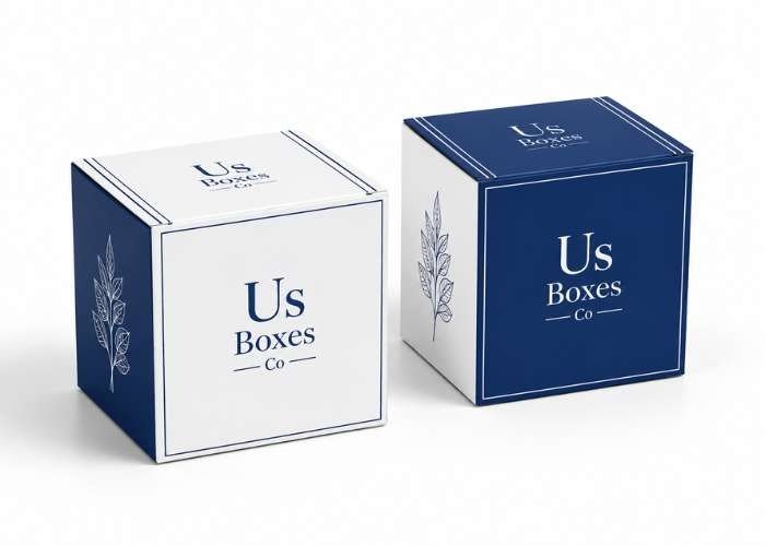 Blue and white cube boxes with US Boxes Co branding.