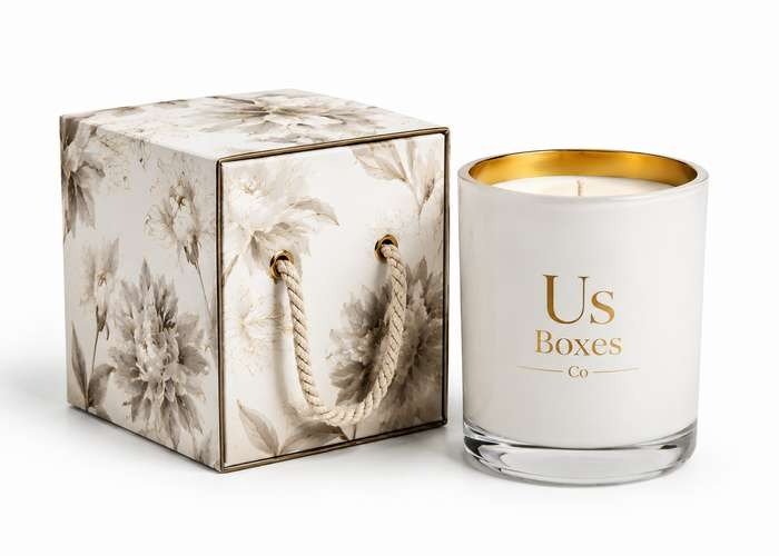 Floral candle box beside a white US Boxes Co candle.