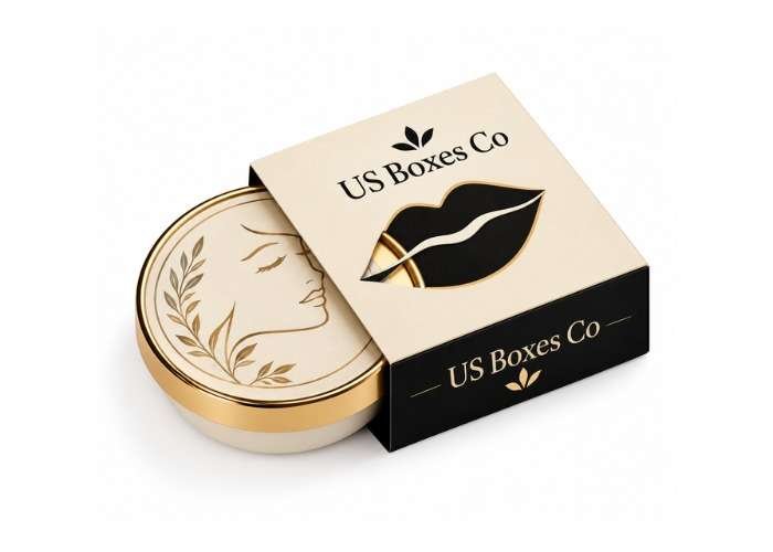 Luxury lip balm packaging box with “US Boxes Co” branding.