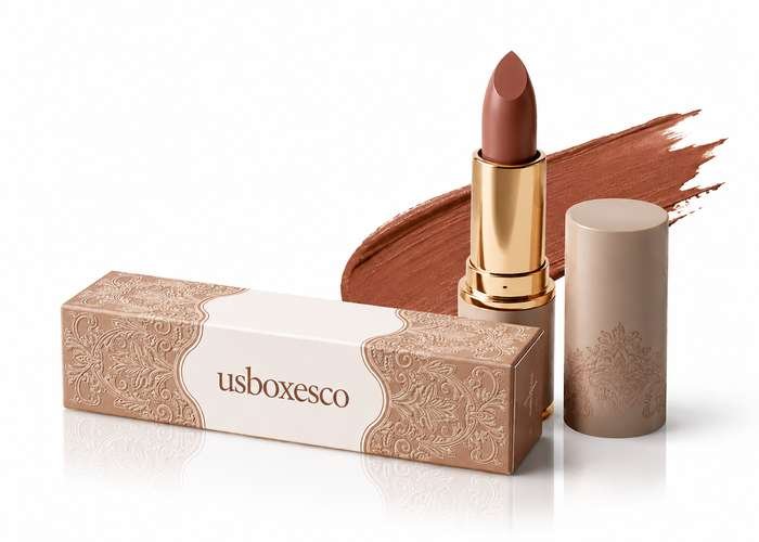 Elegant nude lipstick with decorative gold packaging and matching swatch.