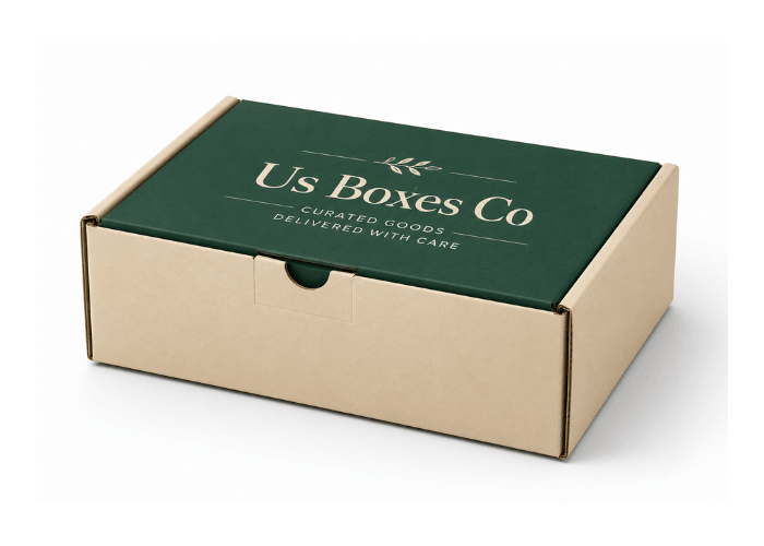 A kraft custom mailer box with a dark green lid.
