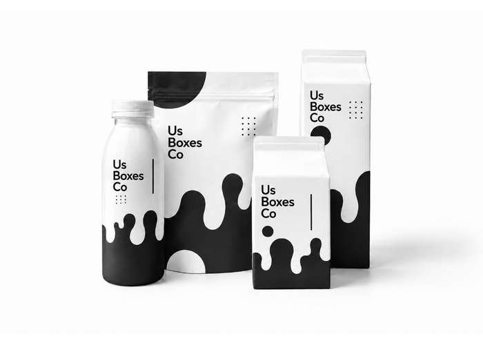 Black-and-white custom packaging for bottles, pouches, and cartons.