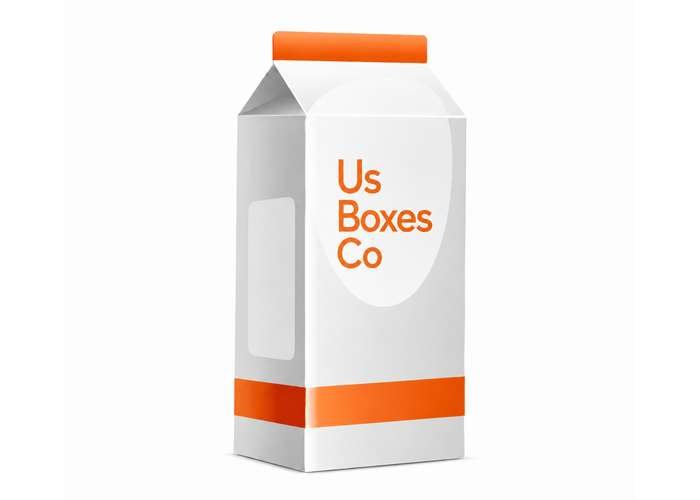 Custom milk carton packaging with clean white and orange branding.