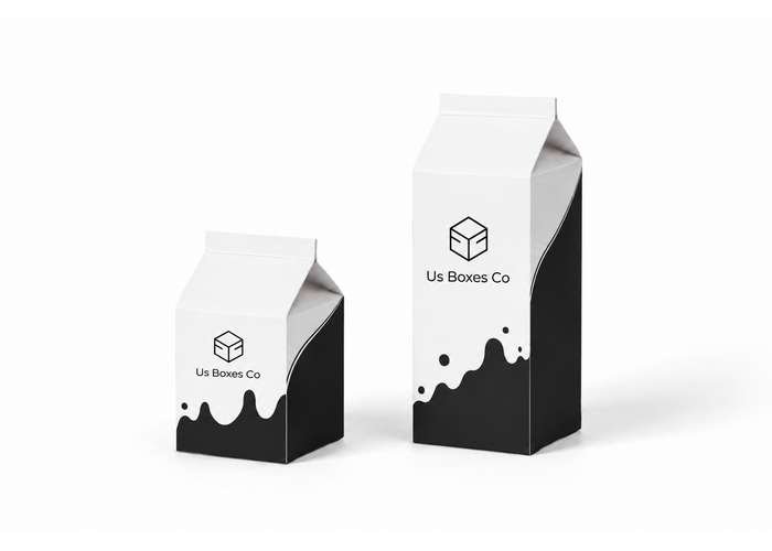 Black-and-white custom milk carton packaging in two sizes.
