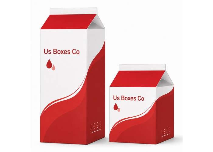 Red and white custom milk carton packaging in two sizes.