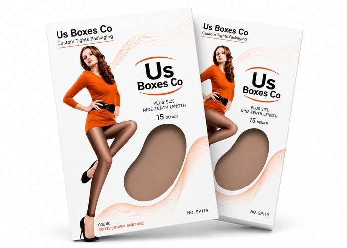 Custom tights packaging with a window display and model image on the front.