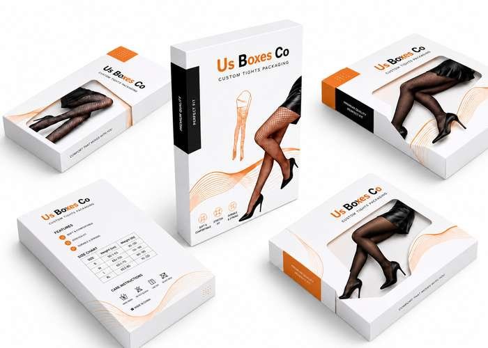 Custom tights packaging boxes with clear windows and elegant orange, white, and black branding.