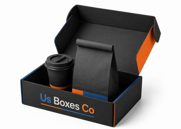 A branded black box with orange and blue accents holds a black takeaway coffee cup with lid and a folded black paper bag, both matching the box's color scheme.