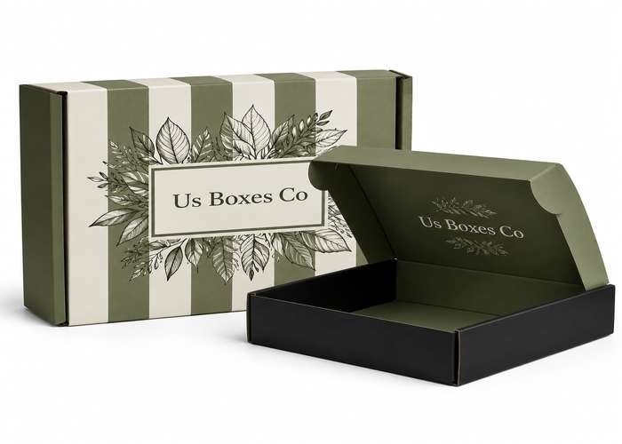 Two green and black die cut boxes with "Us Boxes Co" text and leaf illustrations; one box is open, the other is closed.