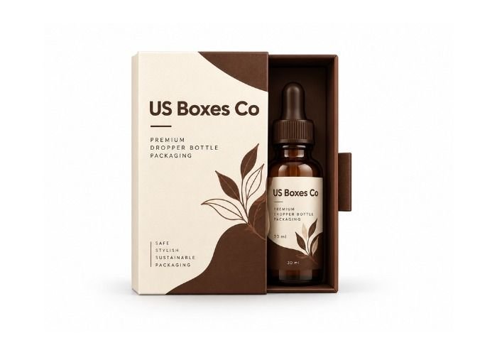 US Boxes Co dropper bottle packaging in chocolate and cream.