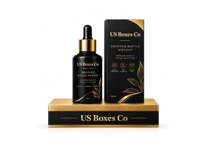 Black dropper bottle and matching box on a gold-and-black display stand.