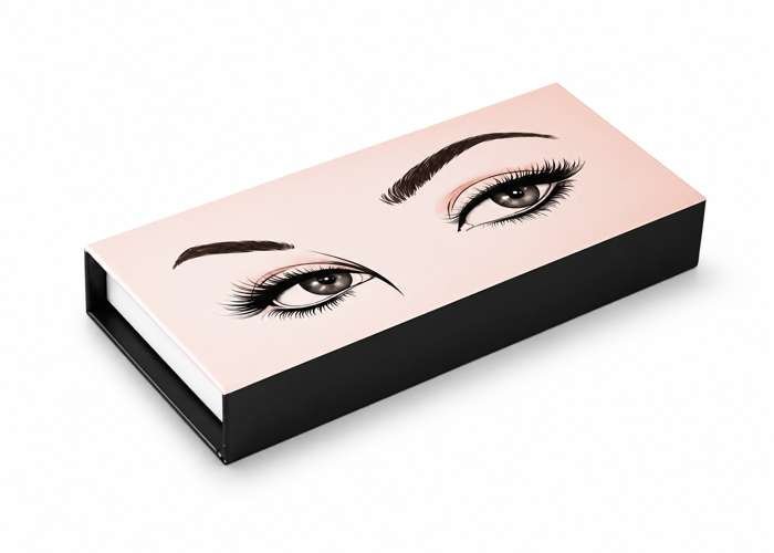 Minimal makeup palette with illustrated eyes on soft pink packaging.