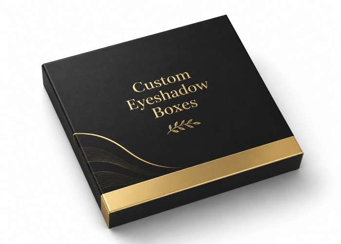 Elegant black custom eyeshadow box with gold detailing.