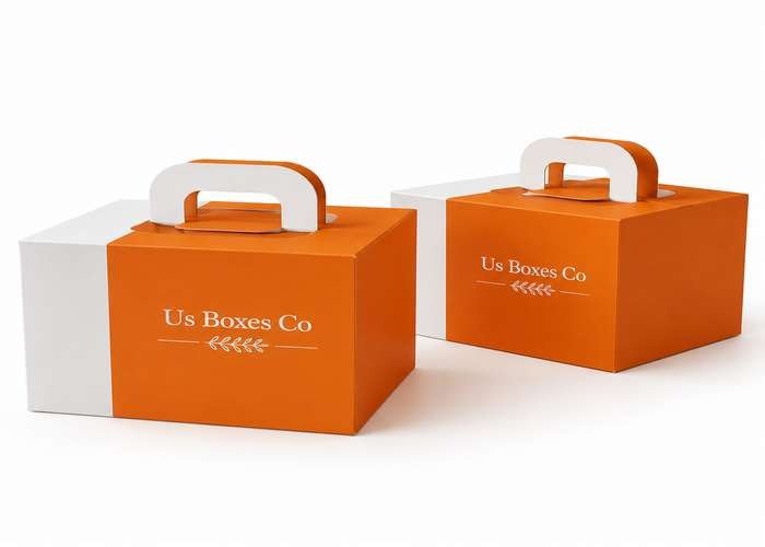 Orange and white handled gable boxes with US Boxes Co branding.