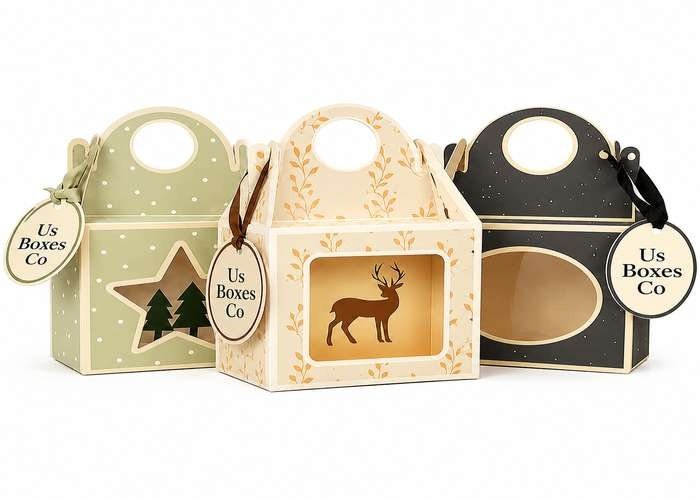 Three decorative gable boxes with holiday-themed window designs.