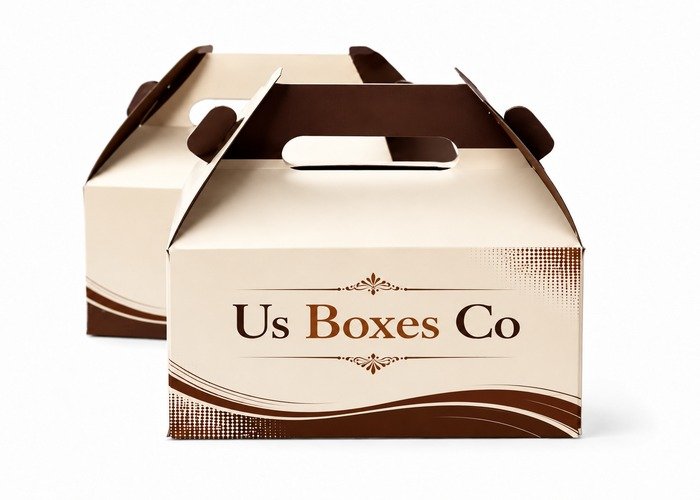 Cream and chocolate gable boxes with Us Boxes Co branding.