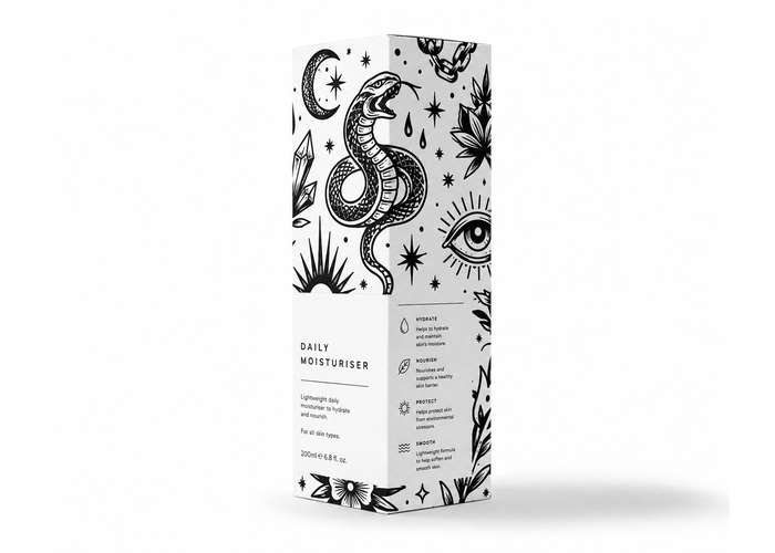 Daily moisturiser with bold illustrated hairspray packaging design.