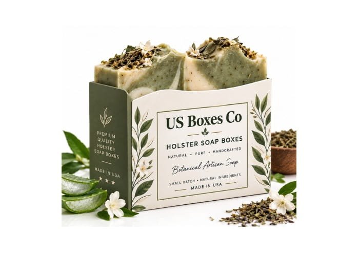 Green artisan soap in a botanical Holster Soap Box with aloe and herbs.