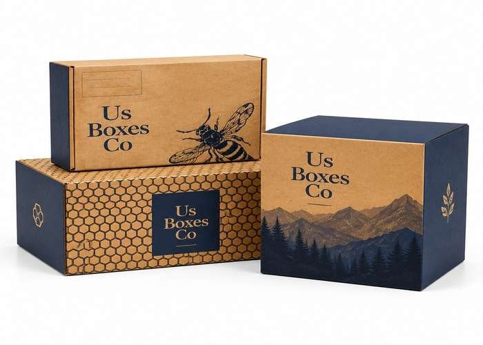 Custom kraft boxes with black and gold printed designs.