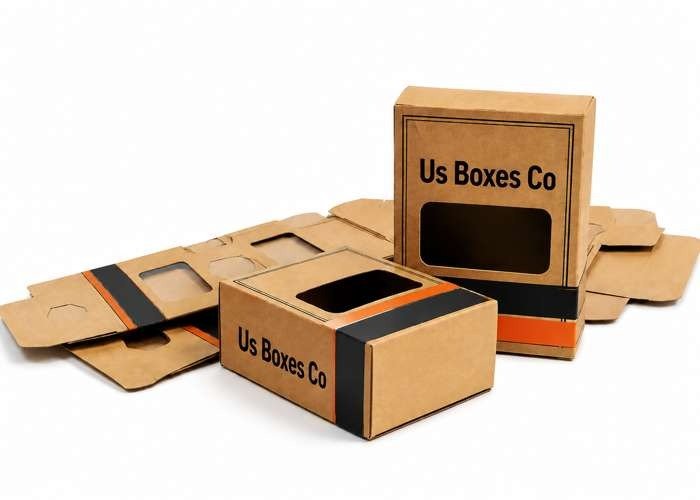 Custom kraft boxes with window cutouts and black-orange accents.