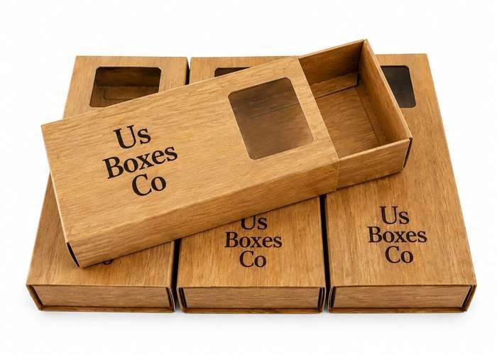 Wood-style kraft boxes with window cutouts and custom logo.