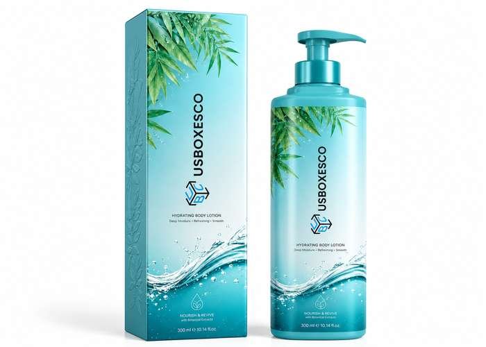 Refreshing aqua body lotion with tropical green packaging and pump bottle.