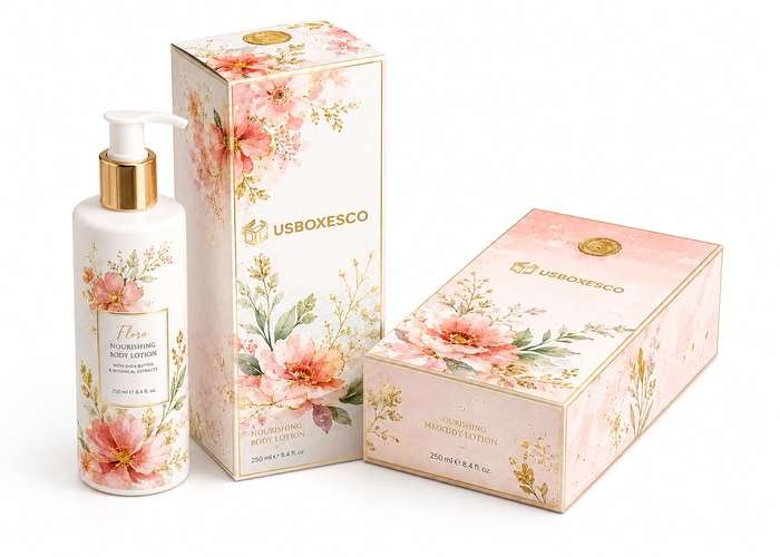 Floral pink body lotion with elegant luxury packaging.