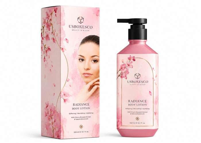 Pink floral radiance body lotion with elegant packaging.