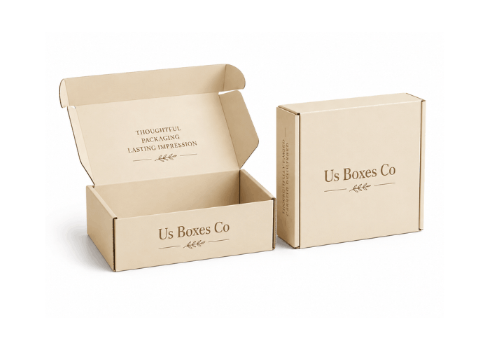 Two kraft mailer boxes, one open and one closed, with elegant branding.