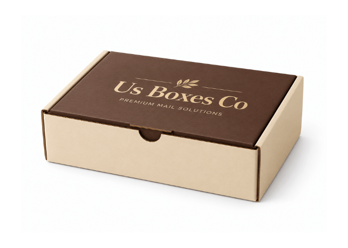 A kraft mailer box with a brown branded lid and gold lettering.