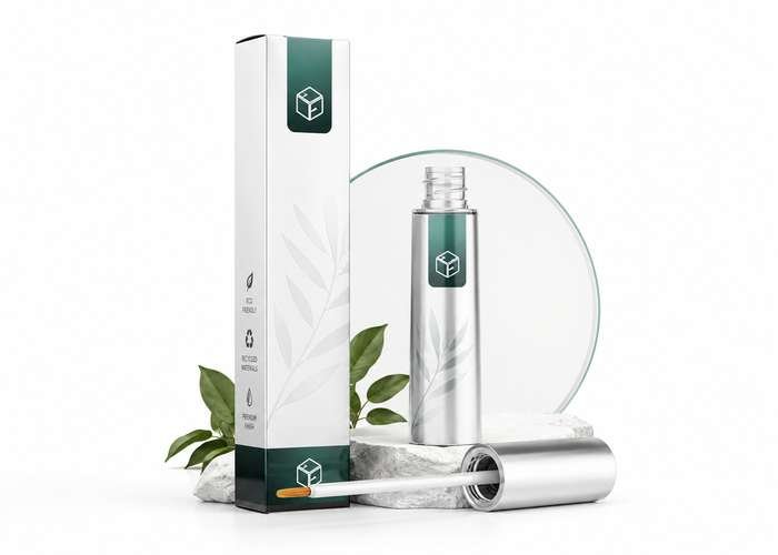 Minimal green mascara serum with clean, modern packaging.