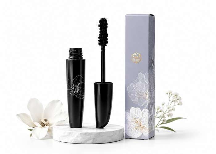 Black mascara with sleek packaging and floral design accent.