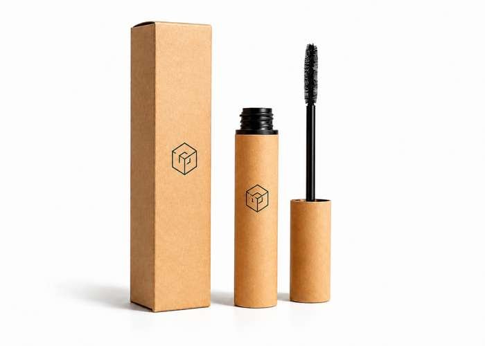 Natural kraft mascara with sleek black wand and minimalist packaging.